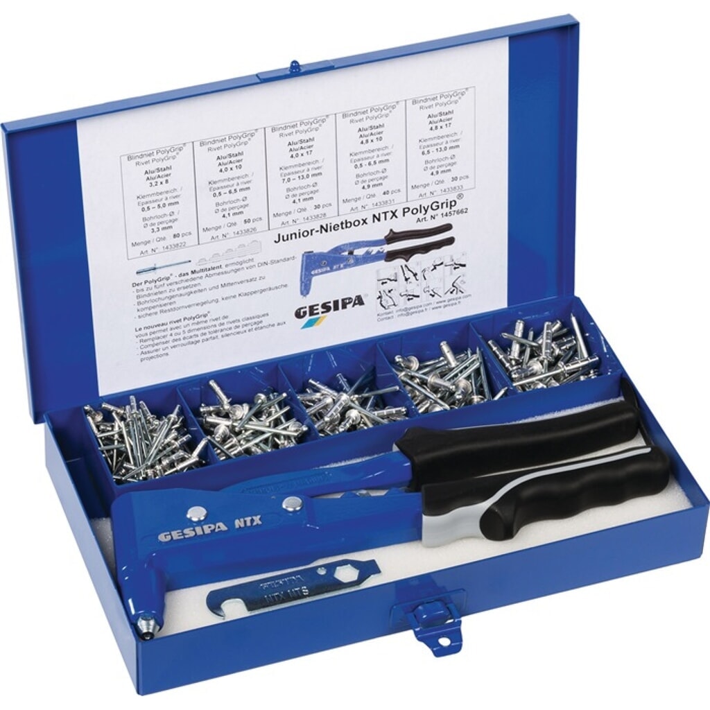 GESIPA Blindnietsortiment Junior-Nietbox PolyGrip® 352tlg. i.Blechkoffer Produktabbildung: GESIPA Blindnietsortiment Junior-Nietbox PolyGrip® 352tlg. i.Blechkoffer