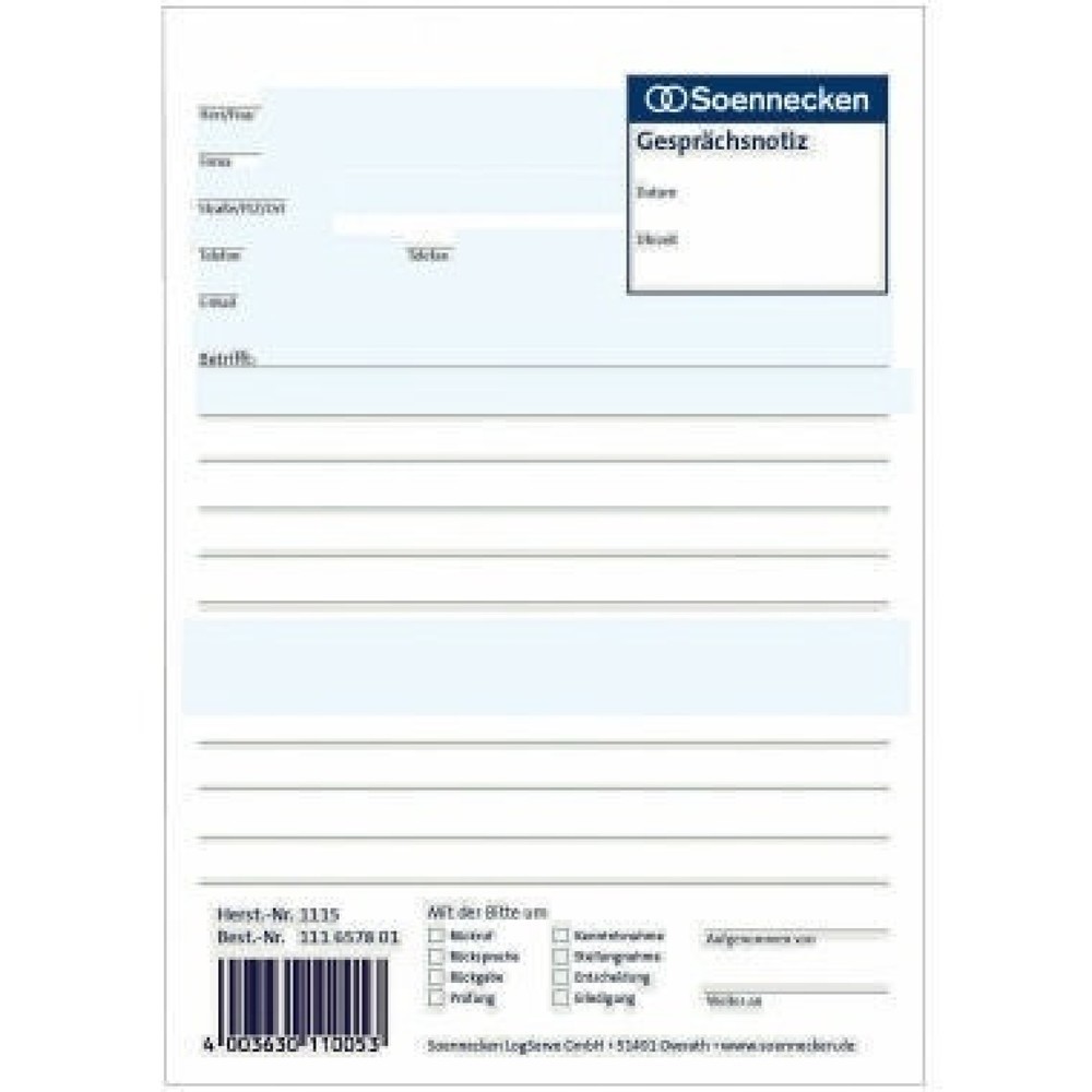 Produktabbildung: Soennecken Gesprächsnotiz 1115 DIN A5 50Blatt weiß