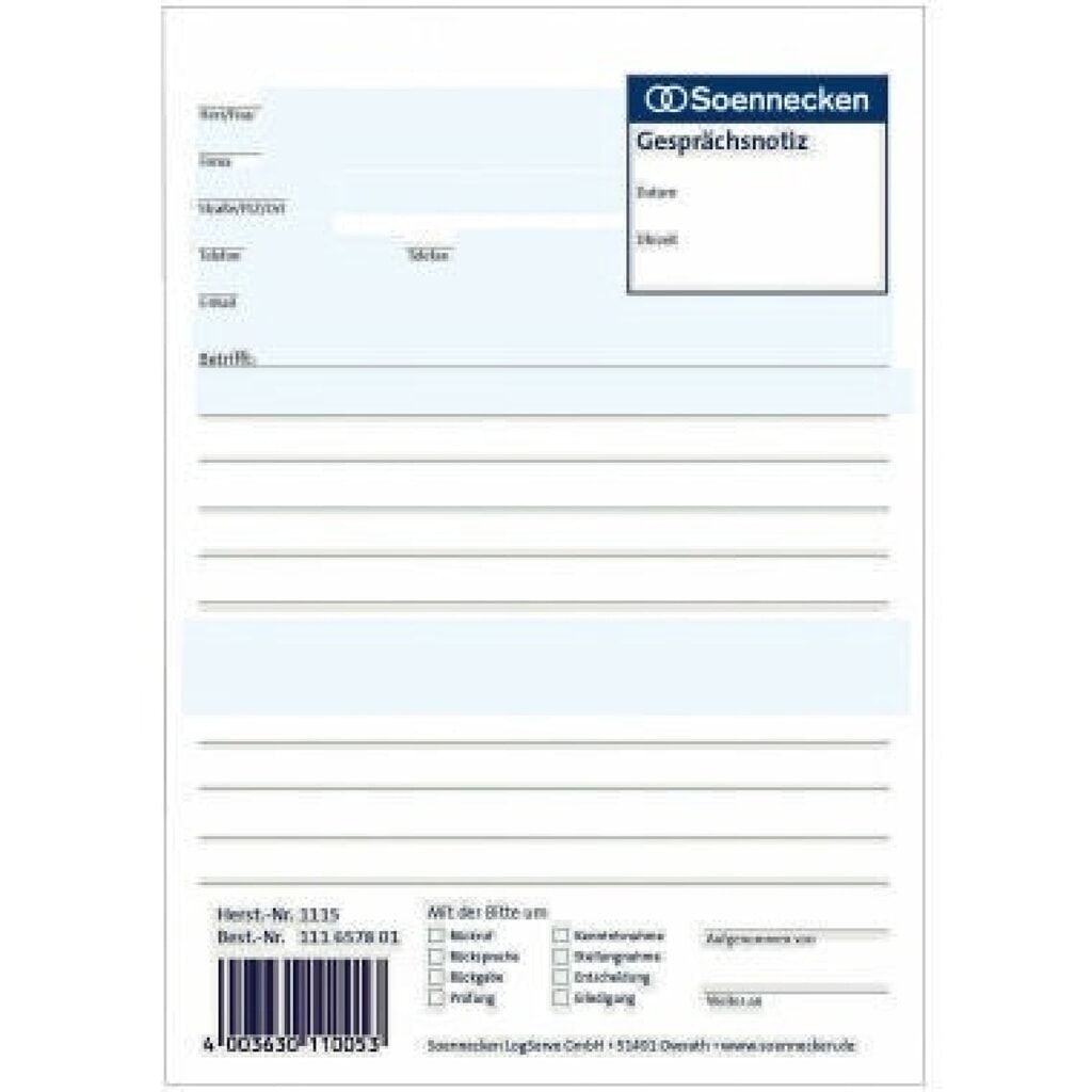 Produktabbildung: Soennecken Gesprächsnotiz 1115 DIN A5 50Blatt weiß