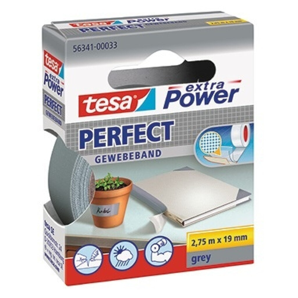 tesa® Gewebeband Extra Power Perfect 56341-00033 19mmx2,75m grau Produktabbildung: tesa® Gewebeband Extra Power Perfect 56341-00033 19mmx2,75m grau
