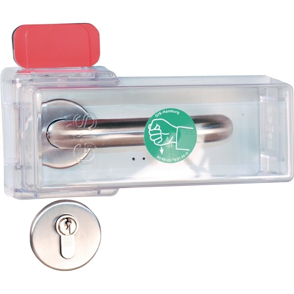 GFS Fluchttürhaube Typ K, Macrolon-Kunststoff transparent, Sicherung von Türdrückern Produktabbildung: GFS Fluchttürhaube Typ K, Macrolon-Kunststoff transparent, Sicherung von Türdrückern