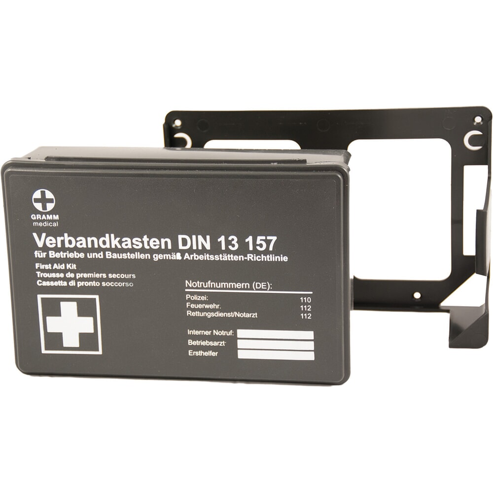 Produktabbildung: GRAMM medical Betriebsverbandkasten MINI, DIN 13157:2021, inkl. Wandhalterung, schwarz