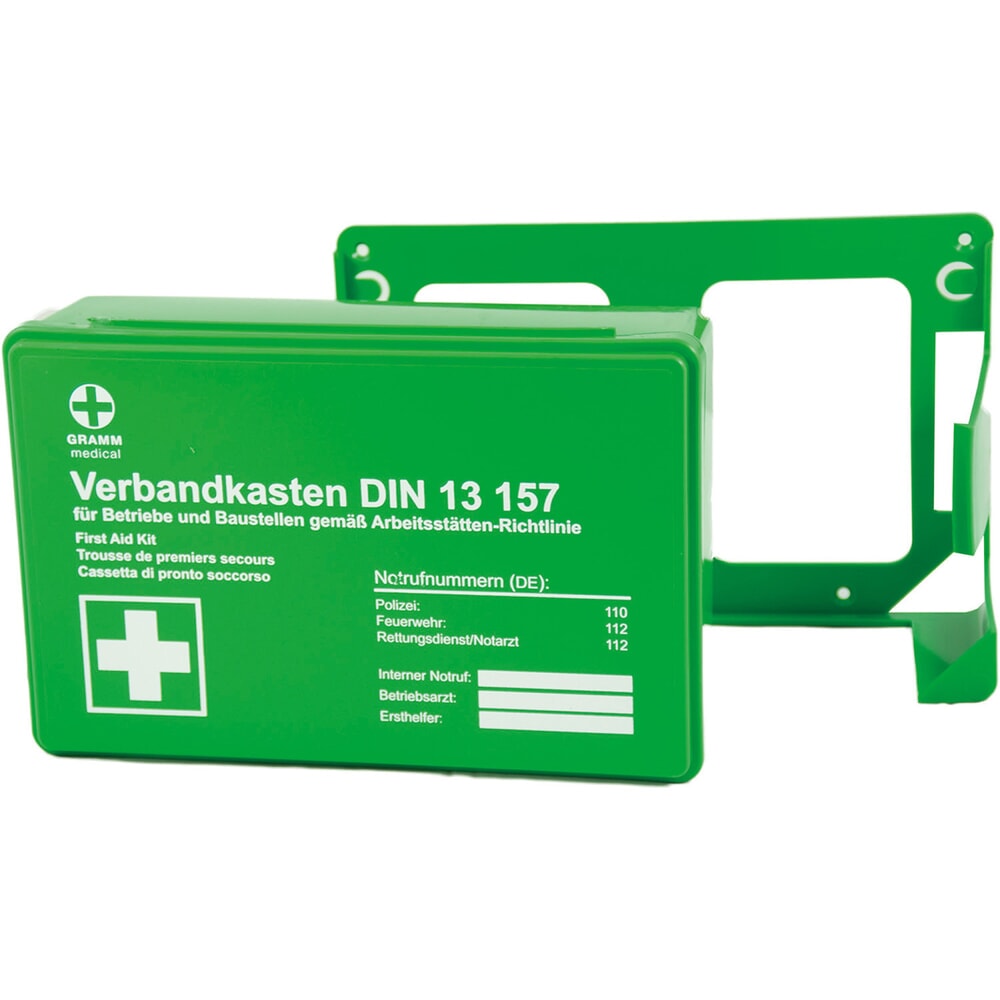 Produktabbildung: GRAMM medical Betriebsverbandkasten MINI, DIN 13157:2021, inkl. Wandhalterung, grün