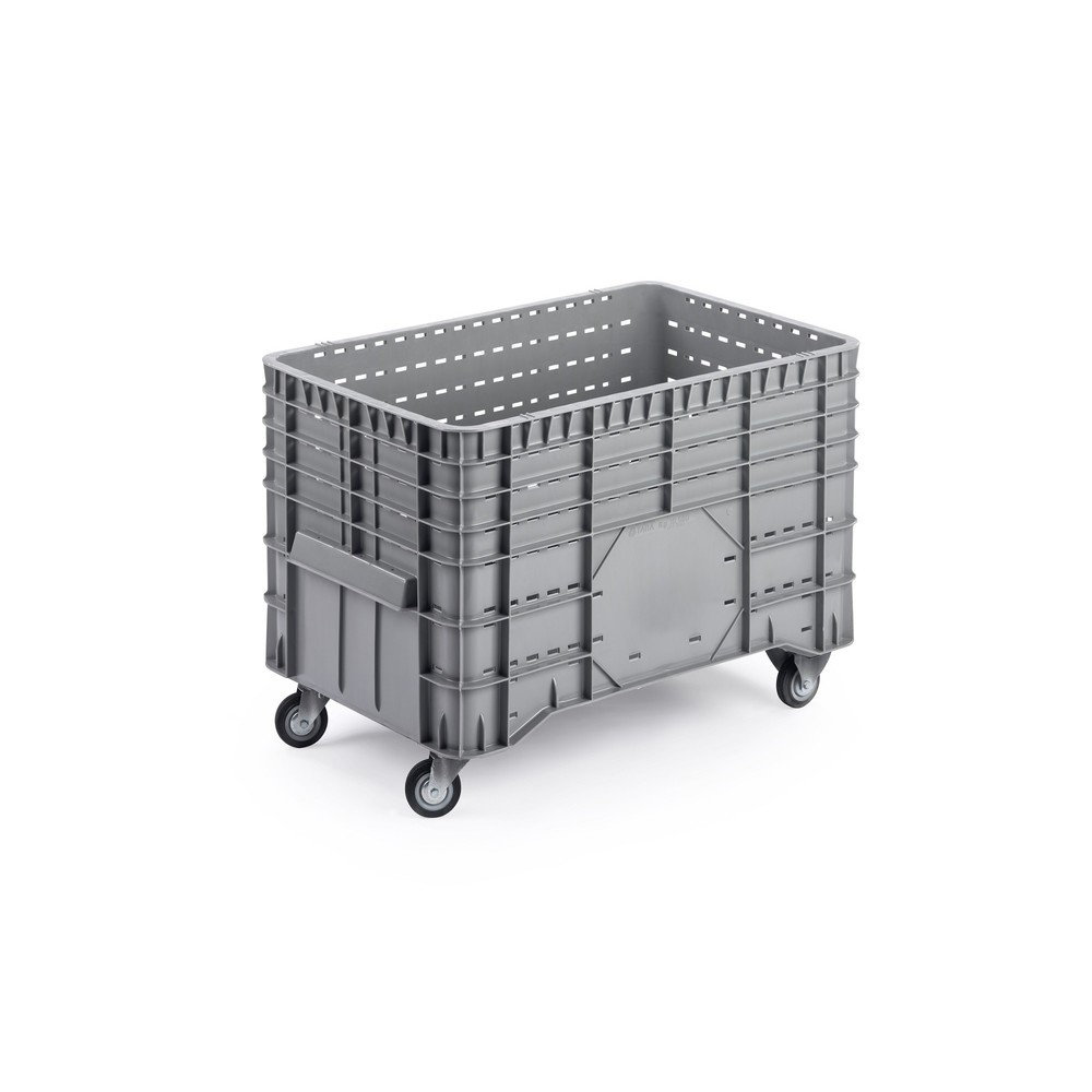 Produktabbildung: Großbehälter, grau, 1020x640x700 mm, durchbrochen, mit 4 Rollen (2 Lenk- und 2 Bockrollen)