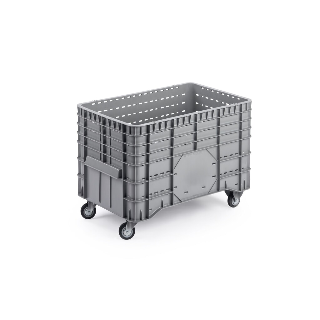 Großbehälter, grau, 1020x640x700 mm, durchbrochen, mit 4 Rollen (2 Lenk- und 2 Bockrollen) Produktabbildung: Großbehälter, grau, 1020x640x700 mm, durchbrochen, mit 4 Rollen (2 Lenk- und 2 Bockrollen)