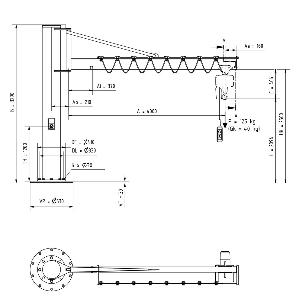 Immagine del prodotto n. 3: Gru orientabile VETTER® incl. paranco elettrico a catena LIFTKET, versione a colonna con ancoraggio, incl. materiale di fissaggio, sbraccio 4.000 mm, portata 125 kg