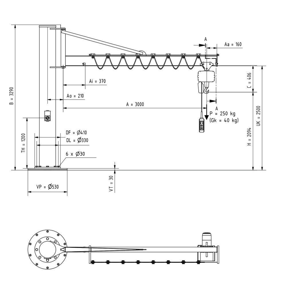 Immagine del prodotto n. 3: Gru orientabile VETTER® incl. paranco elettrico a catena LIFTKET, versione a colonna con ancoraggio, incl. materiale di fissaggio, sbraccio 3.000 mm, portata 250 kg