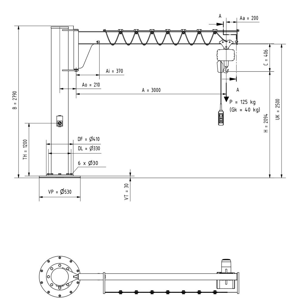 Immagine del prodotto n. 3: Gru orientabile VETTER® incl. paranco elettrico a catena LIFTKET, versione a colonna, ribassata, incl. materiale di fissaggio, sbraccio 3.000 mm, portata 125 kg