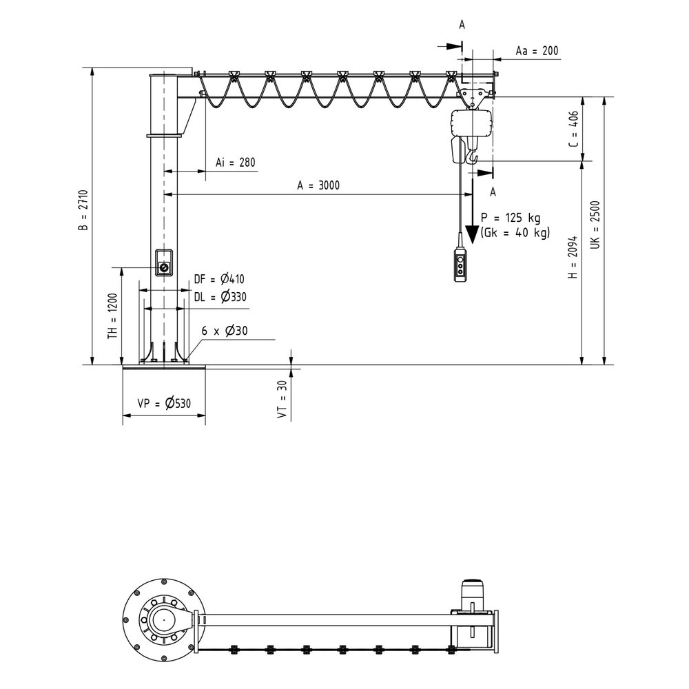 Número de imagen del producto 3: Grúa giratoria VETTER® incl. polipasto de cadena eléctrico LIFTKET, versión de columna, radio de giro de 360°, voladizo 3.000 mm, CC 125 kg