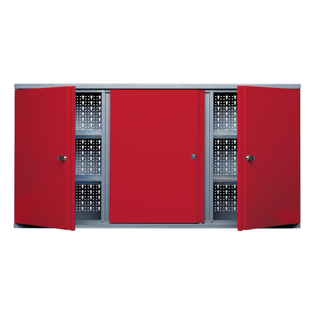 Produktabbildung: Hängeschrank mit 4 Einlegeböden + 3 Lochrückwänden, HxBxT 600 x 1.200 x 190 mm, rot