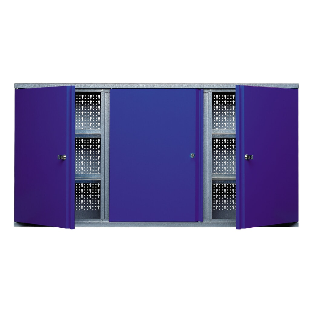 Produktabbildung: Hängeschrank mit 4 Einlegeböden + 3 Lochrückwänden, HxBxT 600 x 1.200 x 190 mm, blau