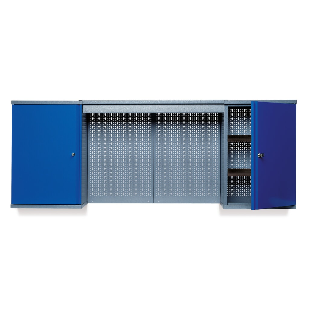 Hängeschrank mit 4 Einlegeböden + 4 Lochrückwänden + Lichtblende, HxBxT 600 x 1.600 x 190 mm, blau Produktabbildung: Hängeschrank mit 4 Einlegeböden + 4 Lochrückwänden + Lichtblende, HxBxT 600 x 1.600 x 190 mm, blau