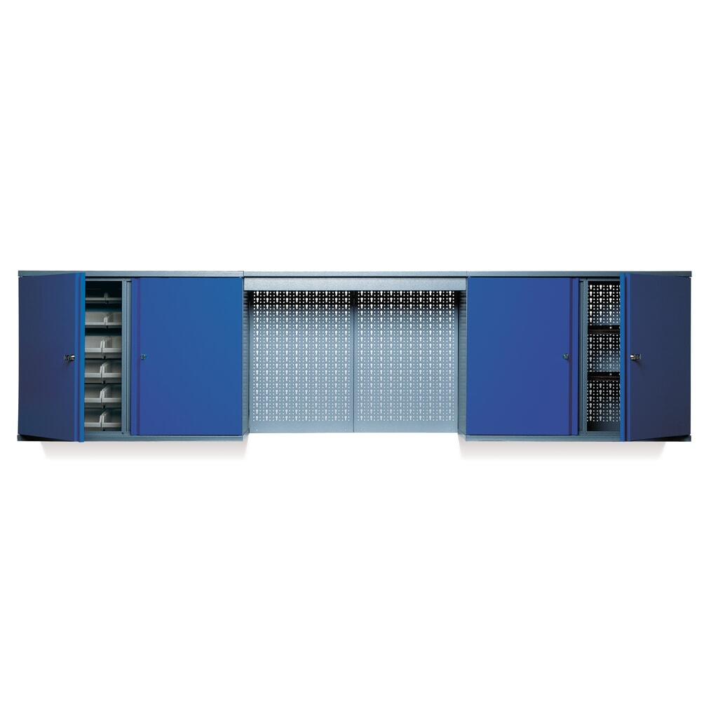 Hängeschrank mit 4 Einlegeböden + 4 Lochrückwand + 12 Sichtboxen + Lichtblende, blau Produktabbildung: Hängeschrank mit 4 Einlegeböden + 4 Lochrückwand + 12 Sichtboxen + Lichtblende, blau