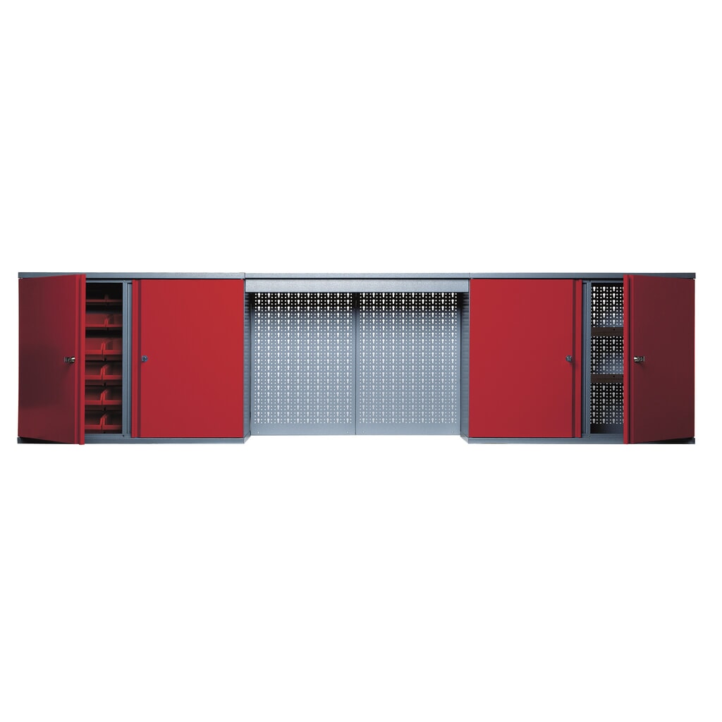 Hängeschrank mit 4 Einlegeböden + 4 Lochrückwand + 12 Sichtboxen + Lichtblende, rot Produktabbildung: Hängeschrank mit 4 Einlegeböden + 4 Lochrückwand + 12 Sichtboxen + Lichtblende, rot
