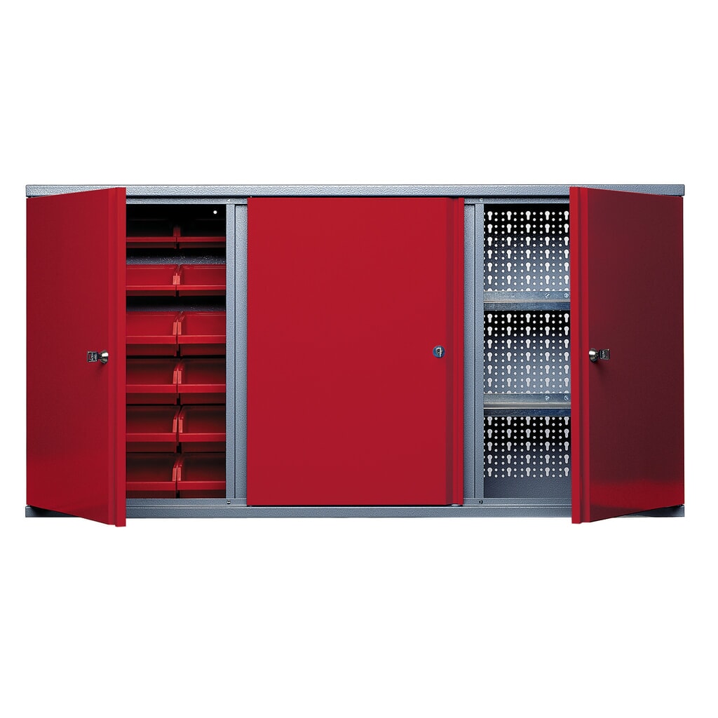 Produktabbildung: Hängeschrank mit 2 Lochrückwänden + 18 Sichtboxen, HxBxT 600 x 1.200 x 190 mm, rot