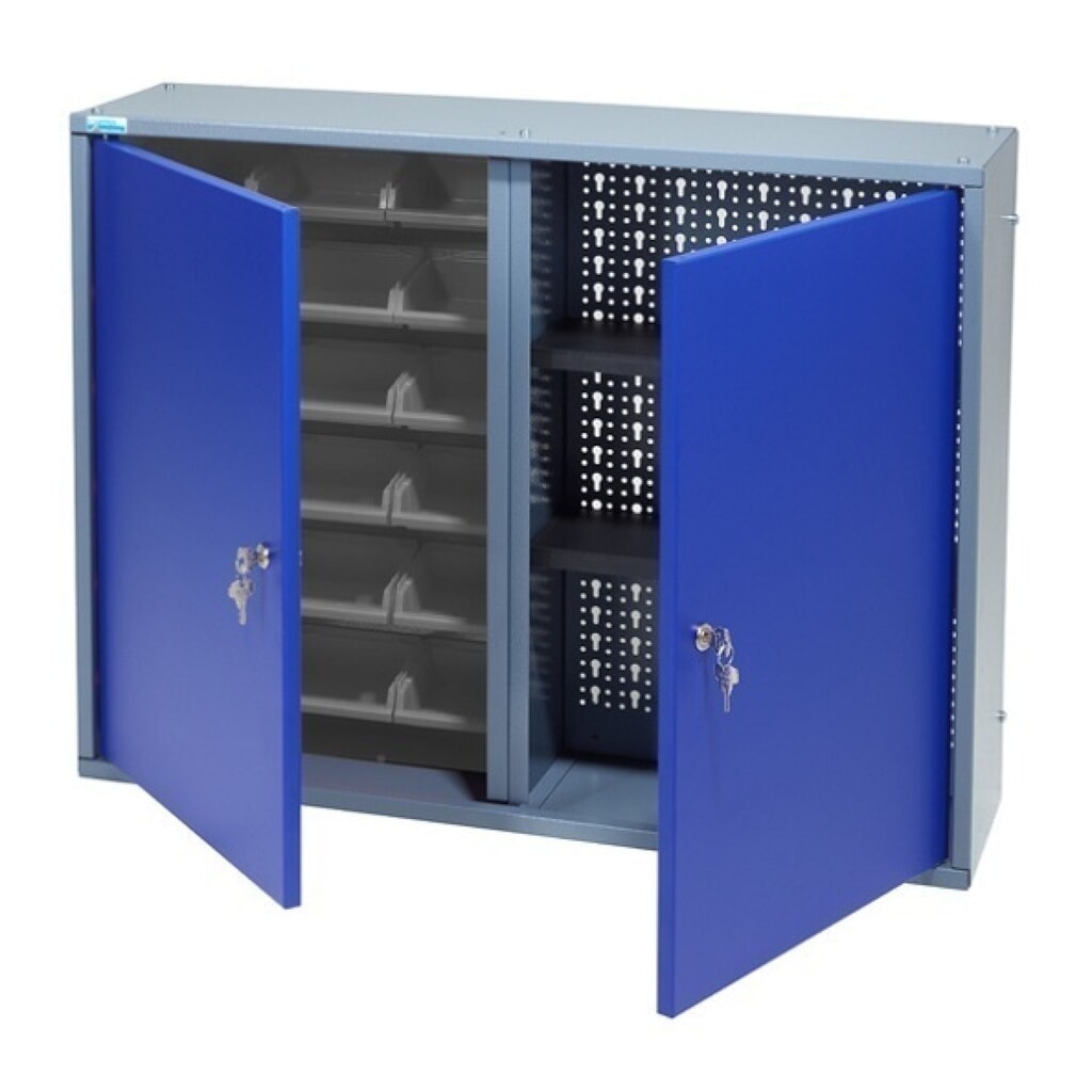 Produktabbildung: Hängeschrank mit 1 Lochrückwand + 18 Sichtboxen, HxBxT 600 x 800 x 190 mm, blau
