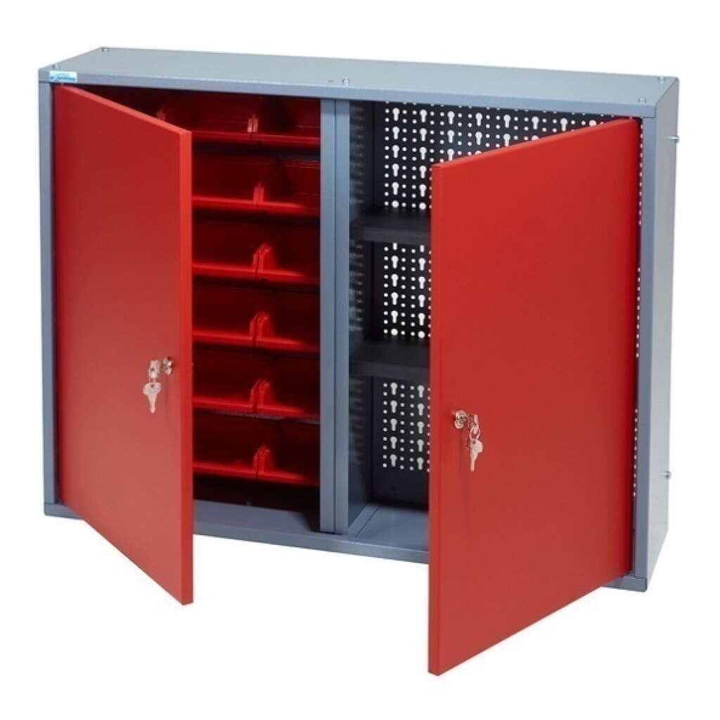 Produktabbildung: Hängeschrank mit 1 Lochrückwand + 18 Sichtboxen, HxBxT 600 x 800 x 190 mm, rot