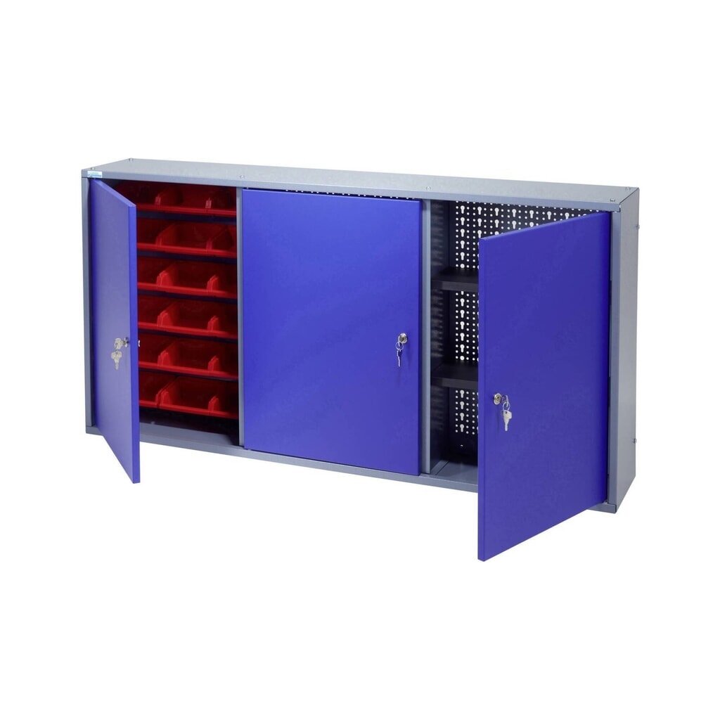 Hängeschrank mit 2 Lochrückwänden + 18 Sichtboxen, HxBxT 600 x 1.200 x 190 mm, blau Produktabbildung: Hängeschrank mit 2 Lochrückwänden + 18 Sichtboxen, HxBxT 600 x 1.200 x 190 mm, blau