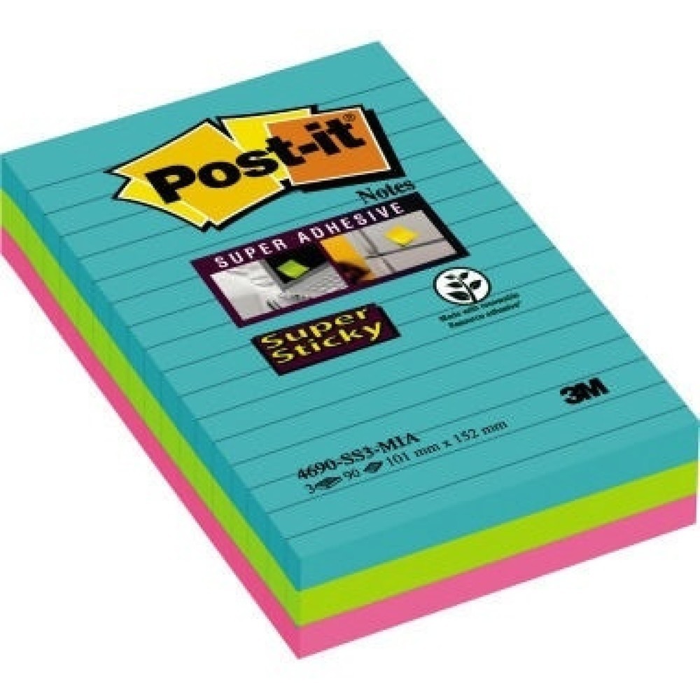 Produktabbildung: Post-it Super Sticky Notes 4690S3MI 101x152mm f.sort. 3 St./Pack.