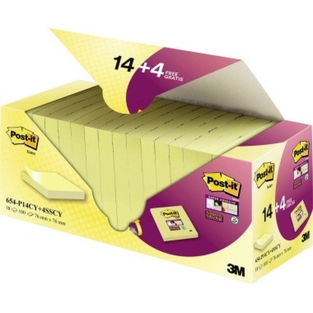 Post-it Haftnotiz Super Sticky 654-P14CY+4SSCY gelb 18 St./Pack. Produktabbildung: Post-it Haftnotiz Super Sticky 654-P14CY+4SSCY gelb 18 St./Pack.