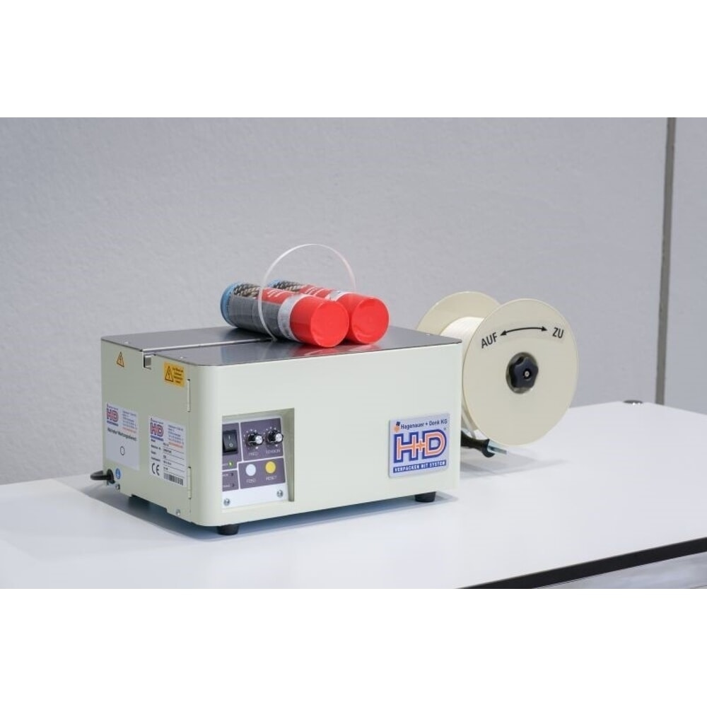 Halbautomatische Umreifungsmaschine HDS-12 Mini, kompaktes Tischgerät, für Bandbreite 9 mm Produktabbildung: Halbautomatische Umreifungsmaschine HDS-12 Mini, kompaktes Tischgerät, für Bandbreite 9 mm