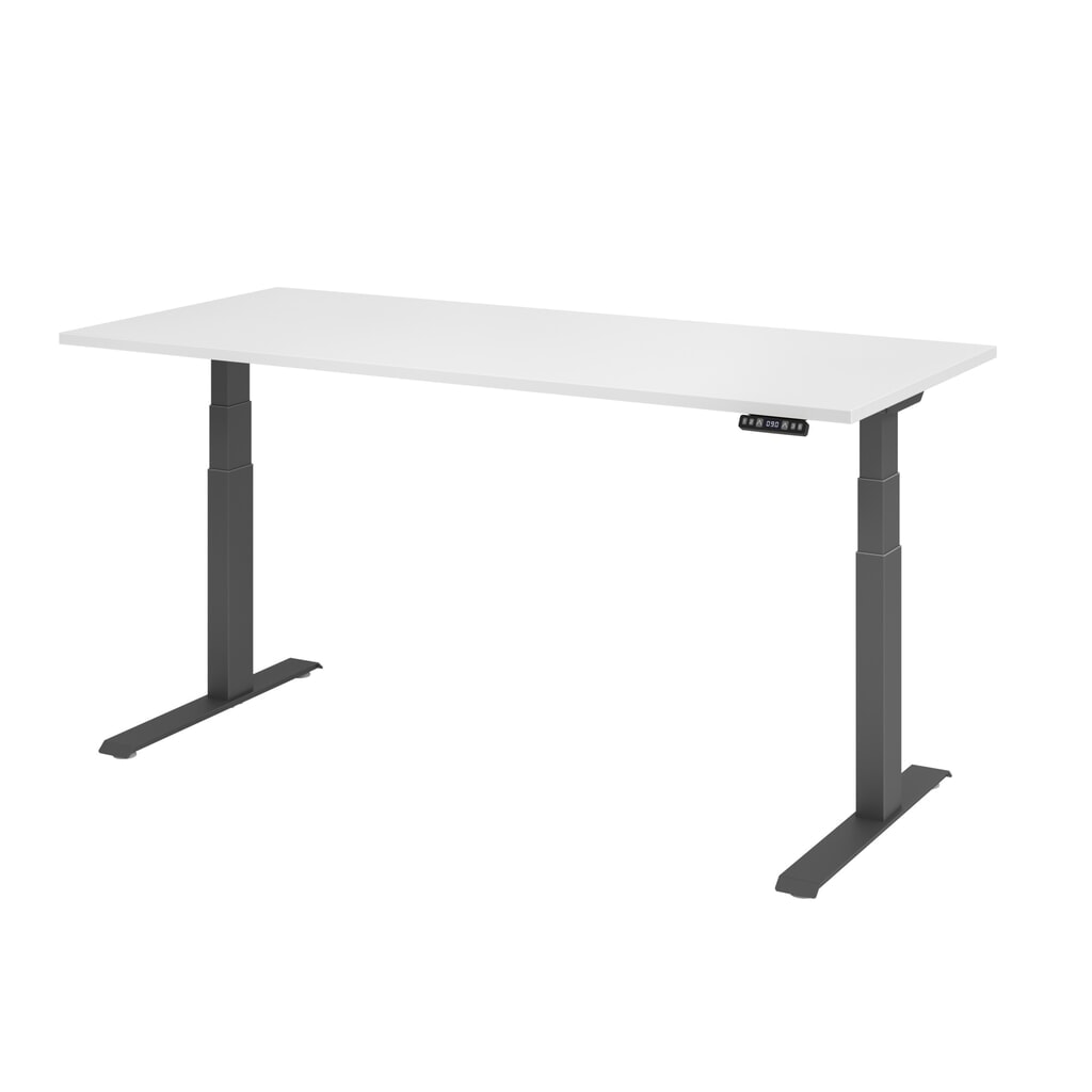 Hammerbacher Elektrisch höhenverstellbarer Schreibtisch 2-stufig, Memory-Schalter, C-Fuß, BxT 1.800 x 800 mm, weiß, graphit Produktabbildung: Hammerbacher Elektrisch höhenverstellbarer Schreibtisch 2-stufig, Memory-Schalter, C-Fuß, BxT 1.800 x 800 mm, weiß, graphit