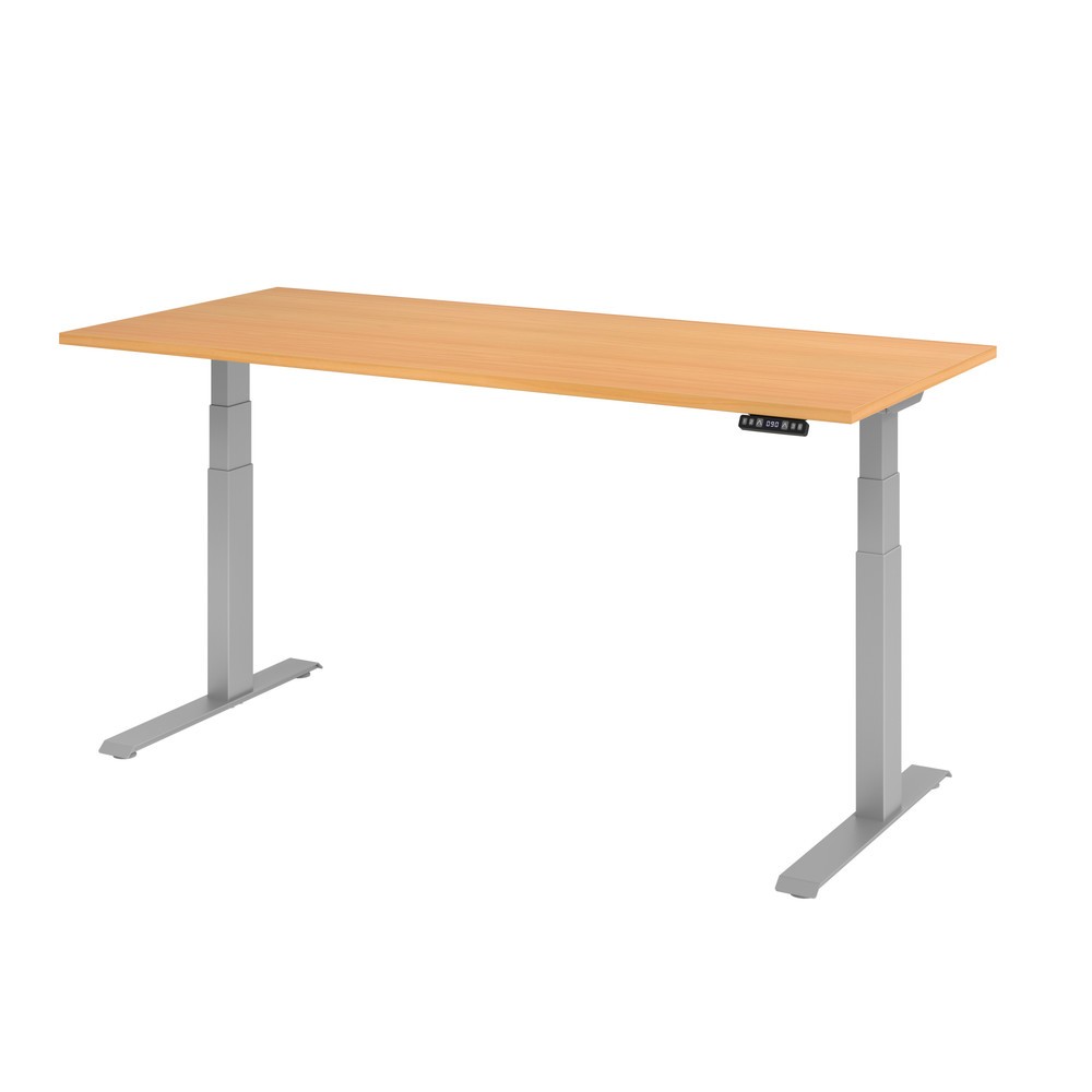 Produktabbildung: Hammerbacher Elektrisch höhenverstellbarer Schreibtisch 2-stufig, Memory-Schalter, C-Fuß, BxT 1.800 x 800 mm, Buche, silber