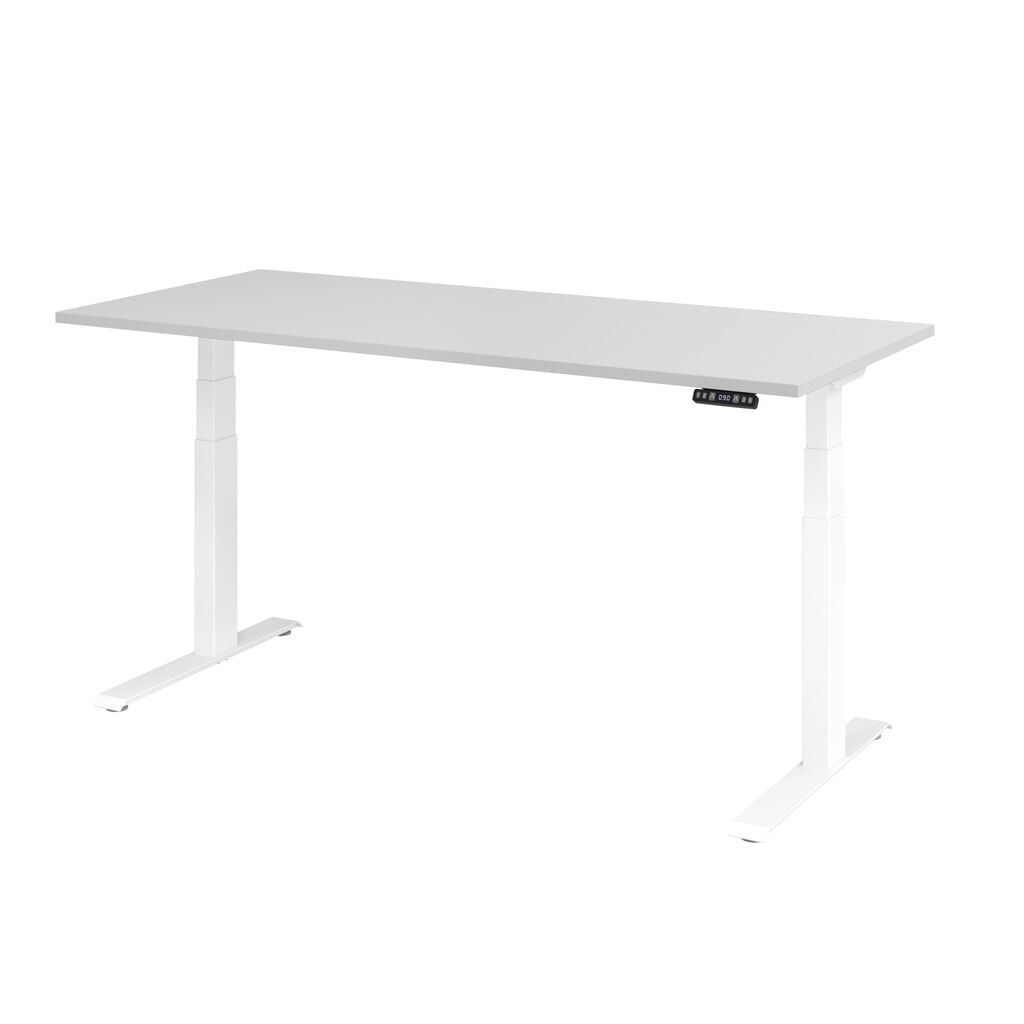 Hammerbacher Elektrisch höhenverstellbarer Schreibtisch 2-stufig, Memory-Schalter, C-Fuß, BxT 1.800 x 800 mm, grau, weiß Produktabbildung: Hammerbacher Elektrisch höhenverstellbarer Schreibtisch 2-stufig, Memory-Schalter, C-Fuß, BxT 1.800 x 800 mm, grau, weiß