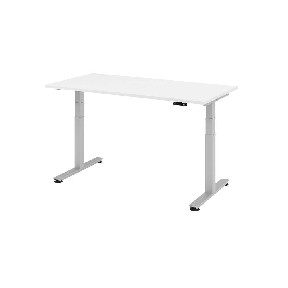 Produktabbildung: Hammerbacher Schreibtisch, T-Fuß, elektrisch höhenverstellbar 2-stufig, BxT 1.600 x 800 mm, weiß, silber