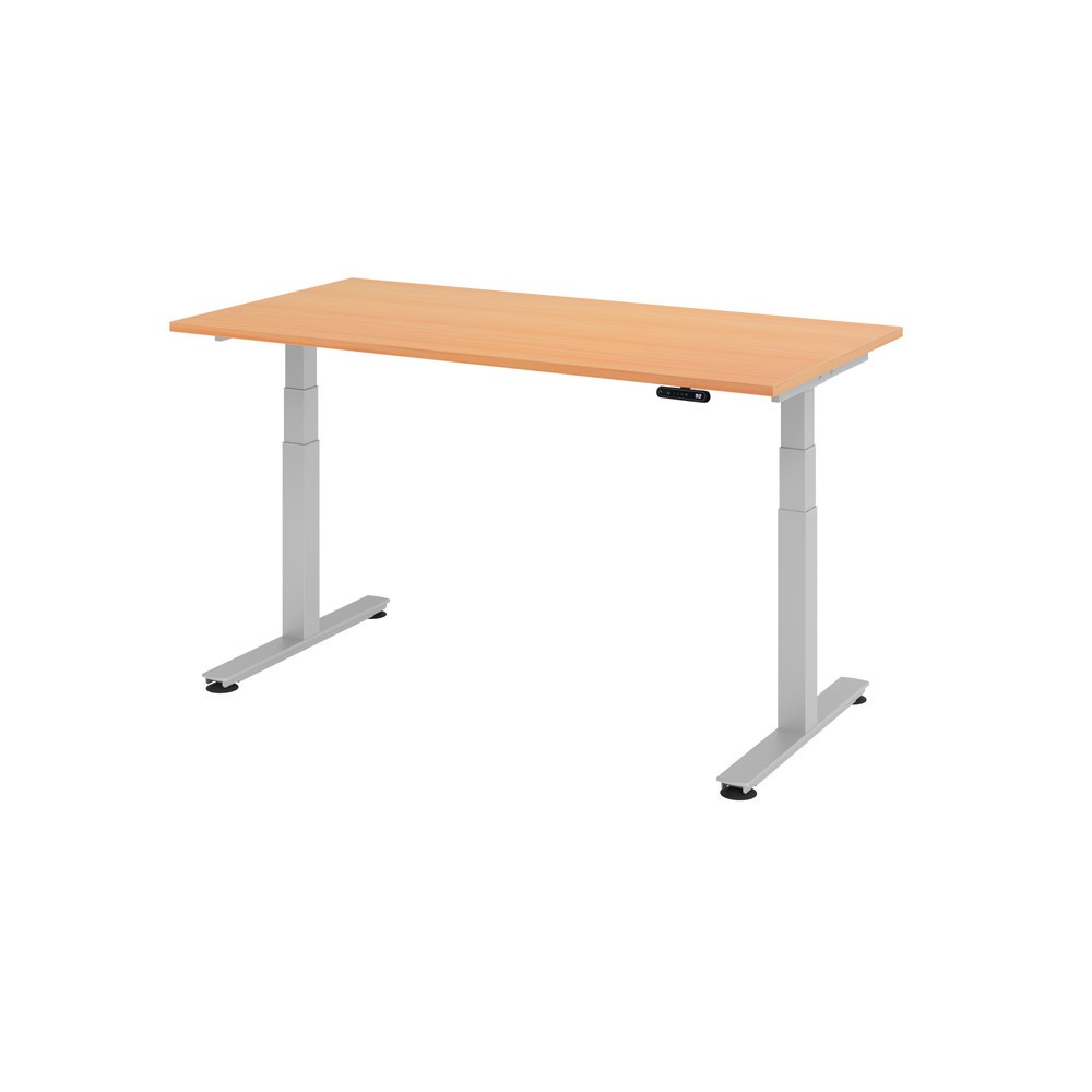 Produktabbildung: Hammerbacher Elektrisch höhenverstellbarer Schreibtisch 2-stufig, Memory Schalter, T-Fuß, BxT 1.600 x 800 mm, Buche, silber