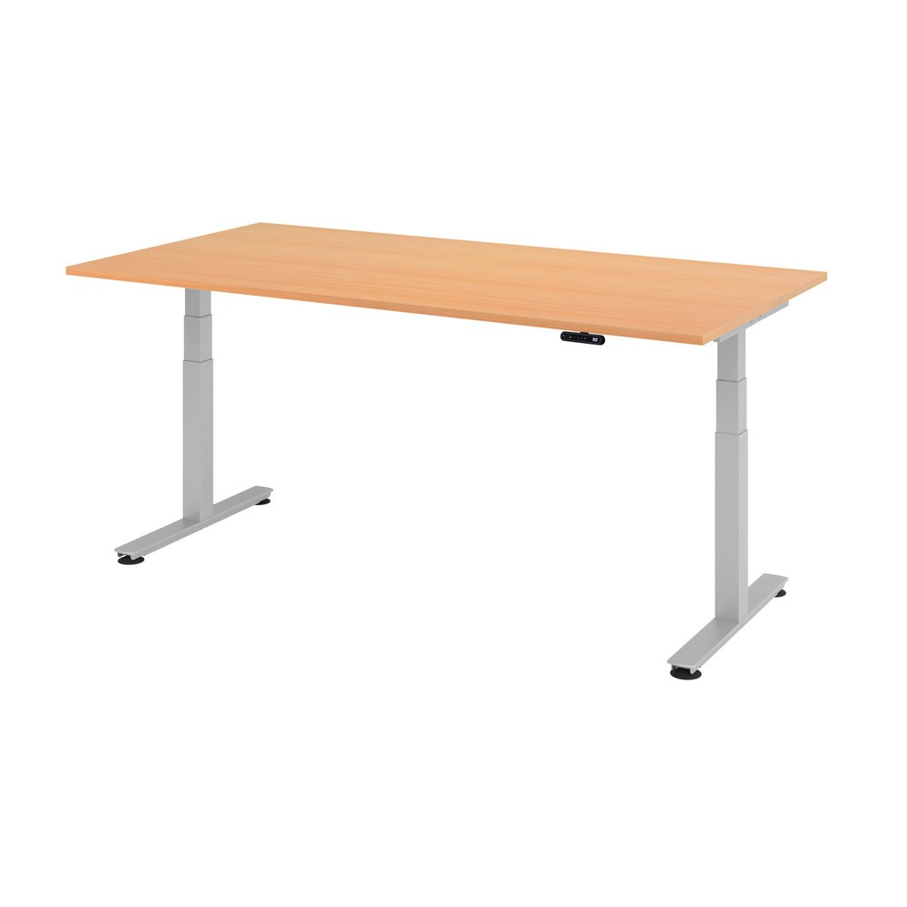 Produktabbildung Nr. 1: Hammerbacher Elektrisch höhenverstellbarer Schreibtisch 2-stufig, Memory-Schalter, T-Fuß, BxT 2.000 x 1.000 mm, Buche, silber
