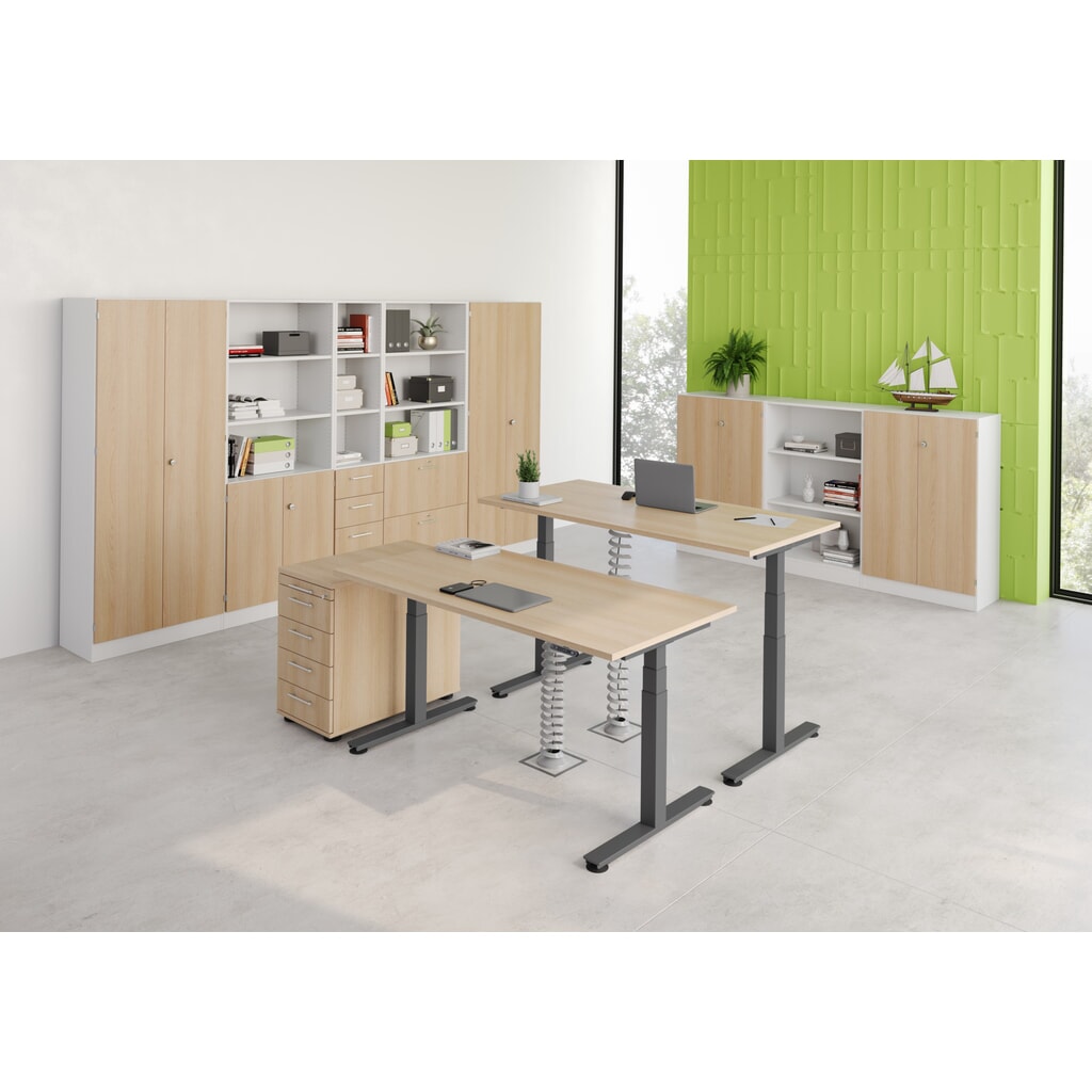 Hammerbacher Schreibtisch, T-Fuß, elektrisch höhenverstellbar 2-stufig, BxT 1.600 x 800 mm, weiß, silber Produktabbildung Nr. 9: Hammerbacher Schreibtisch, T-Fuß, elektrisch höhenverstellbar 2-stufig, BxT 1.600 x 800 mm, weiß, silber