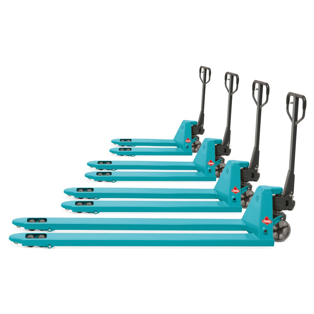Produktabbildung: B-Ware Handhubwagen Ameise®, TK 2.000 kg, GL 2.500 mm, Nylon, Tandemrollen, RAL 5018 türkisblau