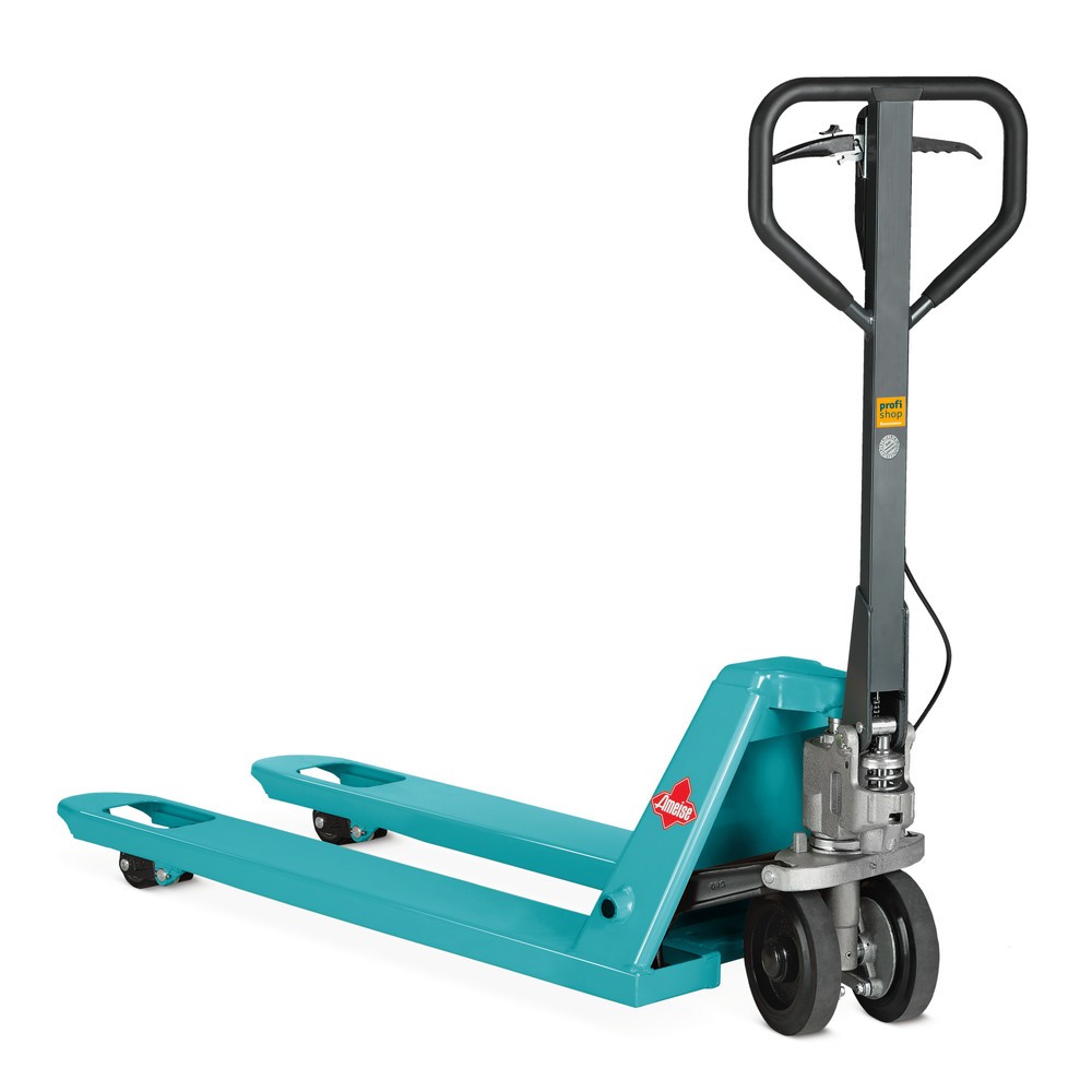 Produktabbildung: C-Ware Handhubwagen Ameise® mit Bremse, GL 1.150 mm, Vollgummi/Polyurethan, Tandemrollen, RAL 5018 türkisblau