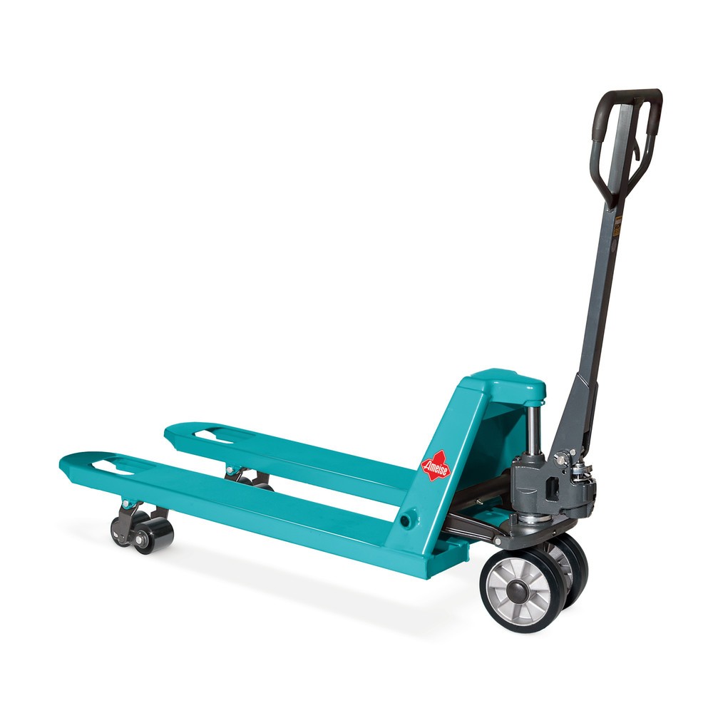 Produktabbildung: C-Ware Handhubwagen Ameise® mit Schnellhub, TK 2.500 kg, GL 1.150 mm, Vollgummi/Polyurethan, Tandemrollen, RAL 5018 türkisblau