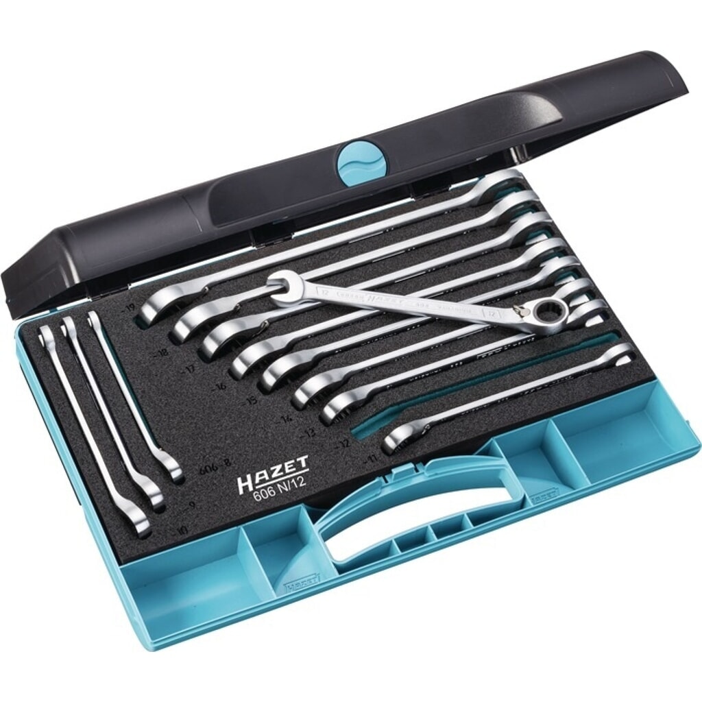 HAZET® Knarrenringmaulschlüsselsatz 606N/12, 12-teilig Schlüsselweiten 8-19 mm, abgewinkelt Produktabbildung: HAZET® Knarrenringmaulschlüsselsatz 606N/12, 12-teilig Schlüsselweiten 8-19 mm, abgewinkelt