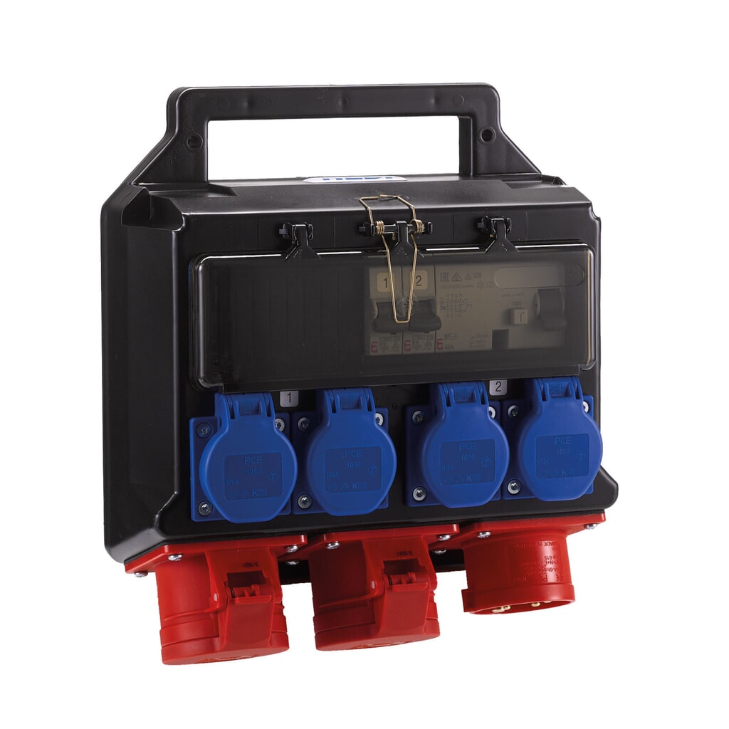 Produktabbildung: HEDI Hängeverteiler, Drehstrom 400 V / 16 A, IP44, 2x CEE- u. 4x Schuko-Steckdose, mit FI-Schutzschalter (RCD)