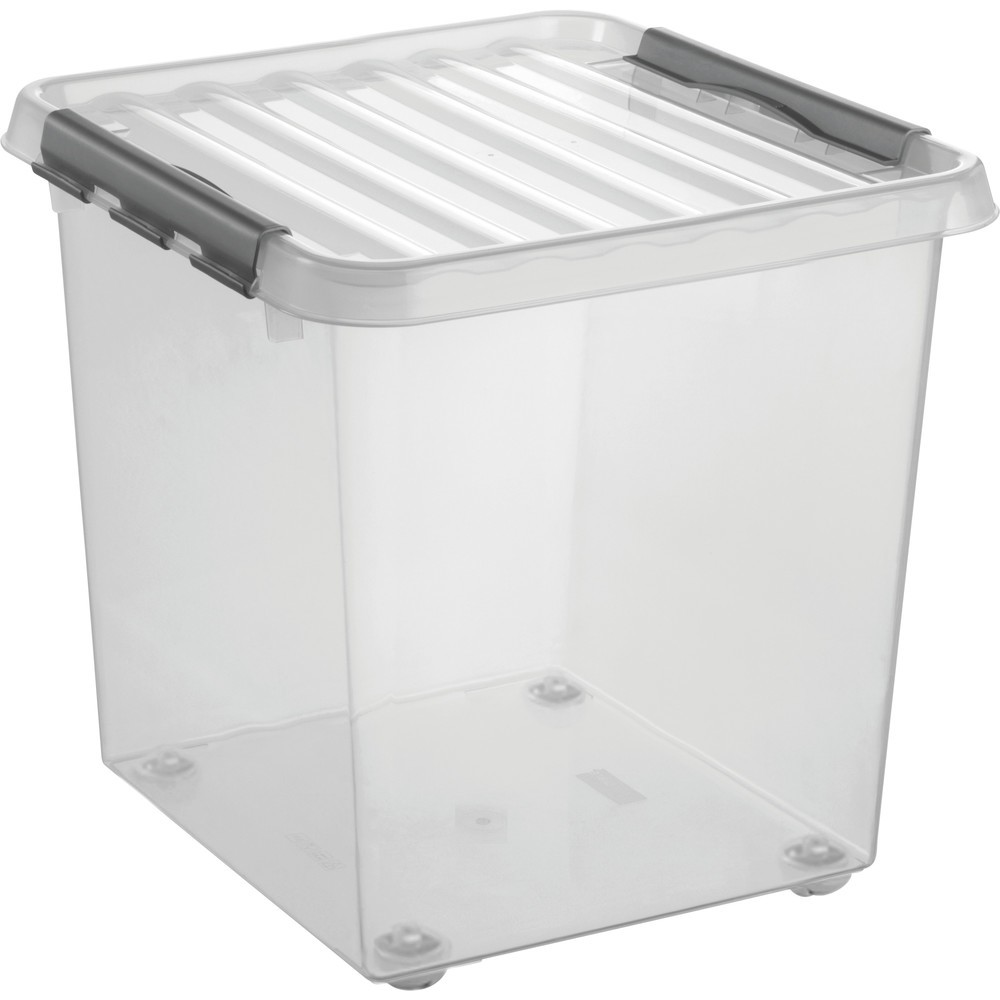 helit Aufbewahrungsbox "the q-line", mit Deckel, 360° schwenkbare Rollen, 38 Liter, transparent Produktabbildung Nr. 1: helit Aufbewahrungsbox "the q-line", mit Deckel, 360° schwenkbare Rollen, 38 Liter, transparent