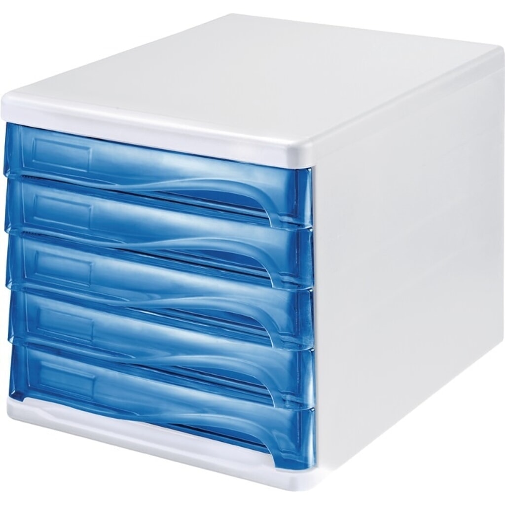 helit Schubladenbox, Kunststoff H245xB265xT340 mm, 5 Schubladen weiß/blautransparent Produktabbildung: helit Schubladenbox, Kunststoff H245xB265xT340 mm, 5 Schubladen weiß/blautransparent