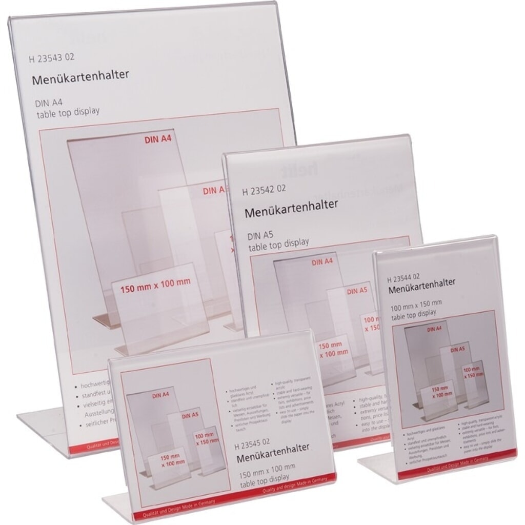 helit Tischaufsteller, Acryl transparent, DIN A4 hoch, freistehend Produktabbildung: helit Tischaufsteller, Acryl transparent, DIN A4 hoch, freistehend
