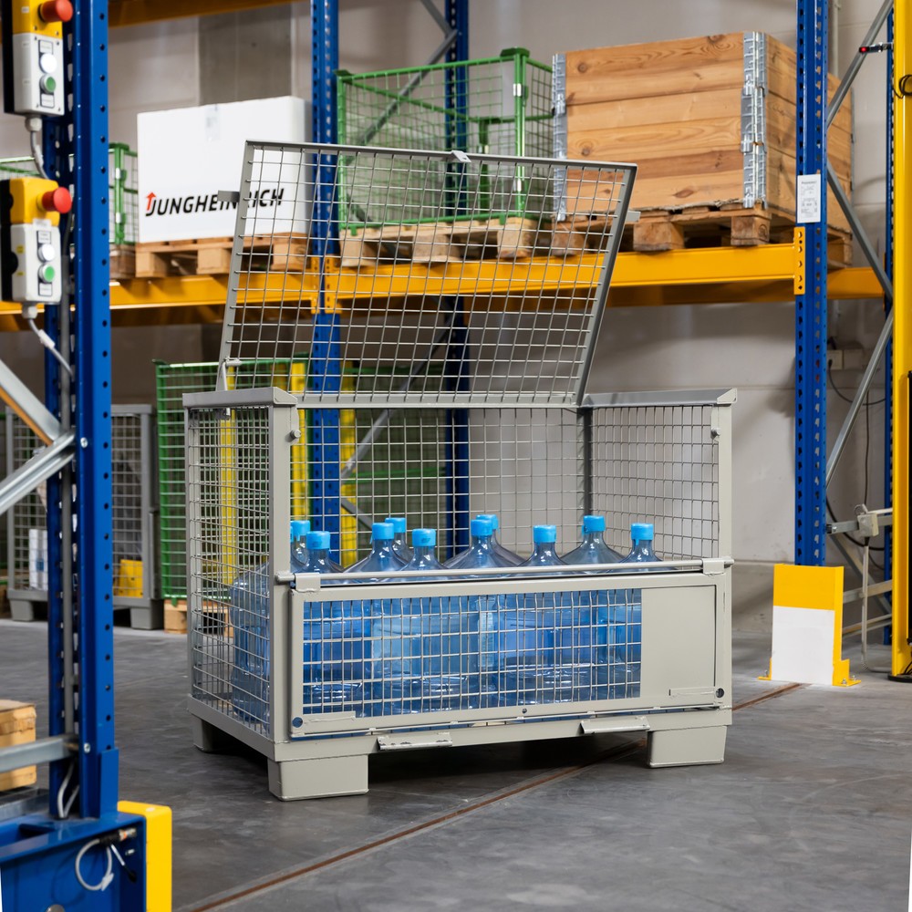 Productafbeelding nr. 7: HEMMDAL Euro-gitterbox met half neerklapbare lengtewand en deksel, hxbxd 970 x 1.240 x 835 mm, steengrijs