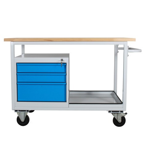 HEMMDAL mobile Werkbank, mit 3 Schubladen – 130 x 60 x 86 cm – mobiler Arbeitstisch Made in EU – 2,7 cm starke Massivholz-Platte – bis 300 kg