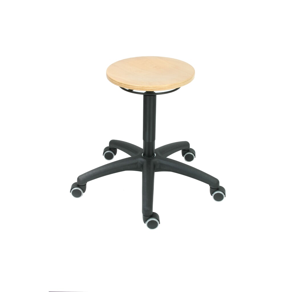 Produktabbildung: HEMMDAL Rundhocker, Sitz aus Buche, Sitzhöhe 430-620 mm, Rollen