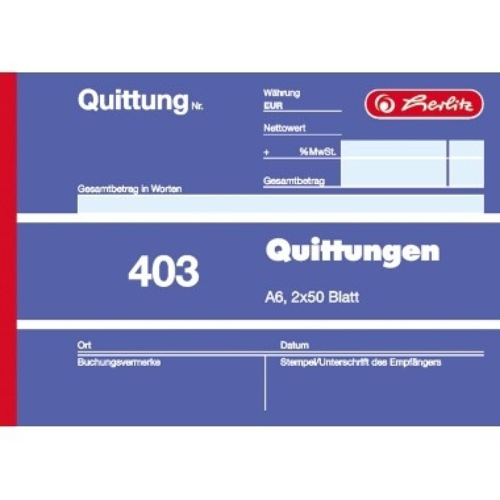 Herlitz Quittungsblock 403 886614 A6 quer Blaupapier 2x50Blatt Produktabbildung: Herlitz Quittungsblock 403 886614 A6 quer Blaupapier 2x50Blatt