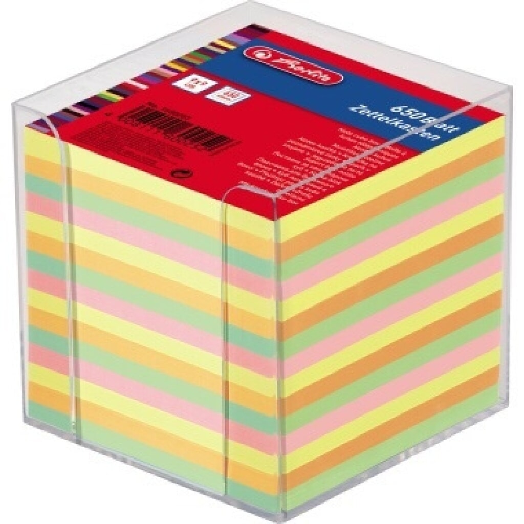Herlitz Zettelbox 1600253 9x9x9cm transparent +650Bl. farbig Produktabbildung: Herlitz Zettelbox 1600253 9x9x9cm transparent +650Bl. farbig