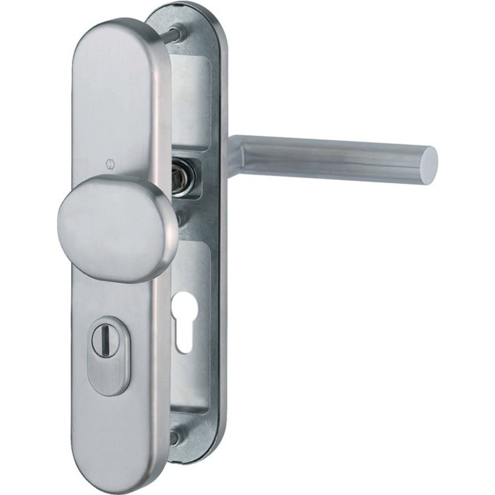 Produktabbildung: HOPPE FS-Schutzgarnitur Amsterdam FS-86G/3332ZA/3310/1400F, für Türstärke 42-47 mm PZ abgerundet, Edelstahl F69 D/K, DIN links / rechts