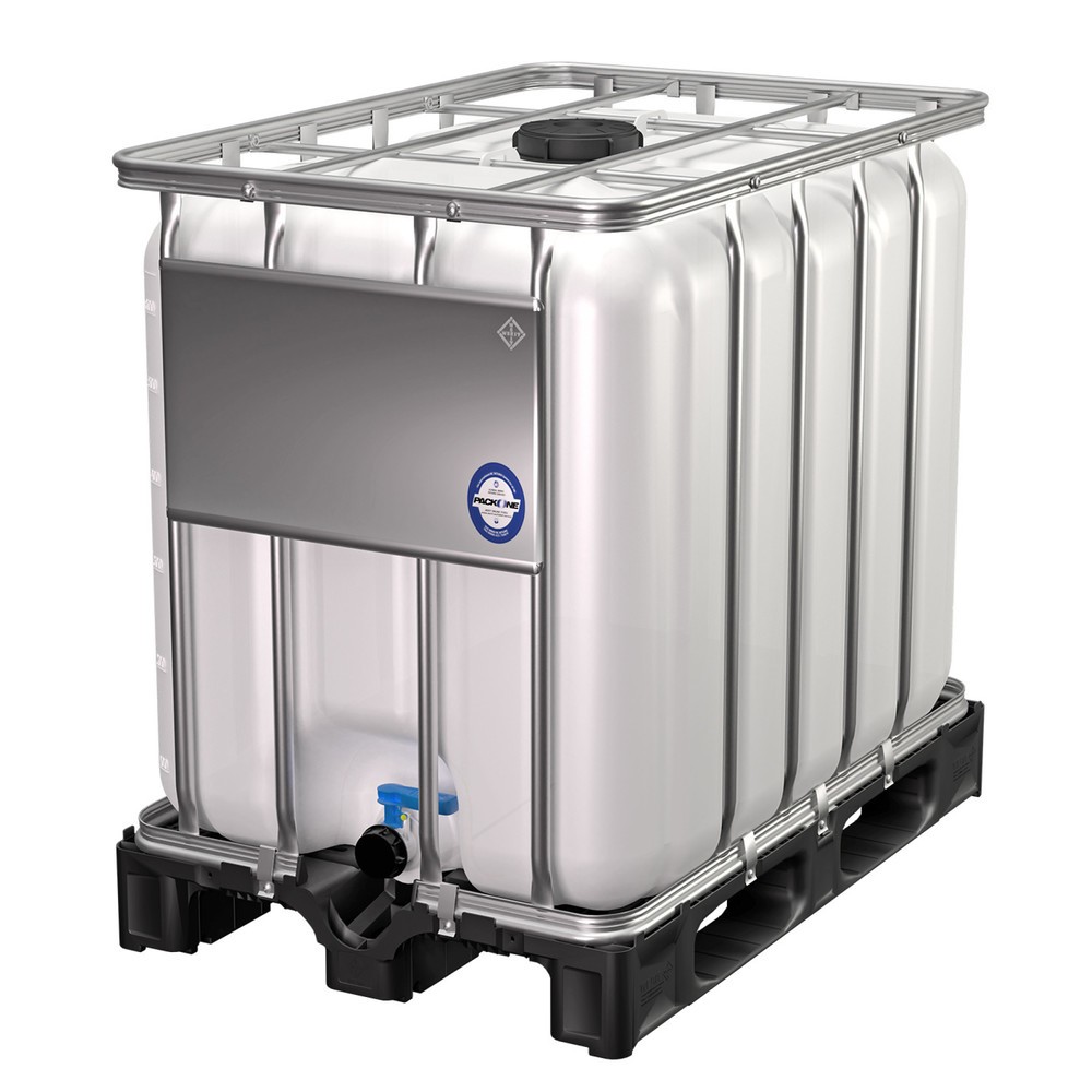 Produktabbildung: IBC-Container, auf Kunststoffpalette, mit verzinktem Stahlrohrrahmen, 600 Liter, Standard