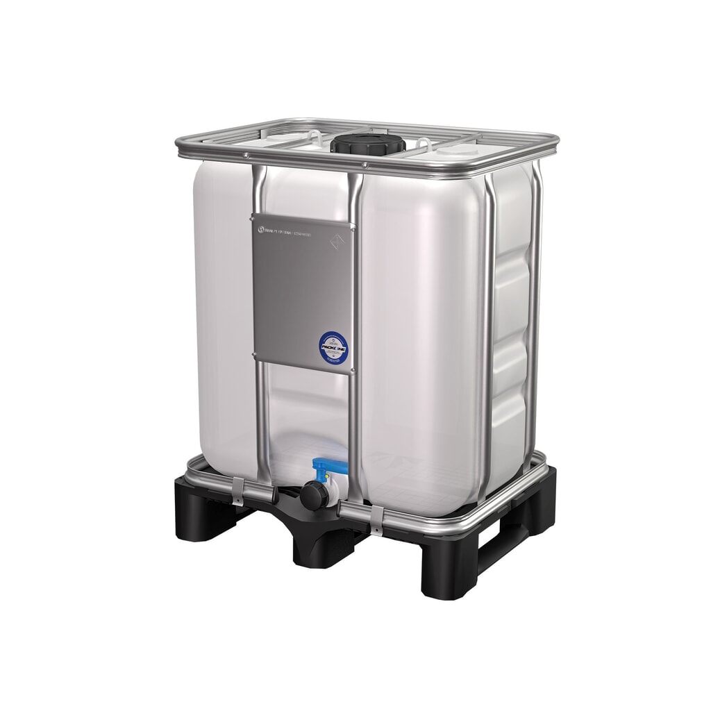 IBC-Container, auf Kunststoffpalette, mit verzinktem Stahlrohrrahmen, 300 Liter, mit UN-Zulassung Produktabbildung: IBC-Container, auf Kunststoffpalette, mit verzinktem Stahlrohrrahmen, 300 Liter, mit UN-Zulassung