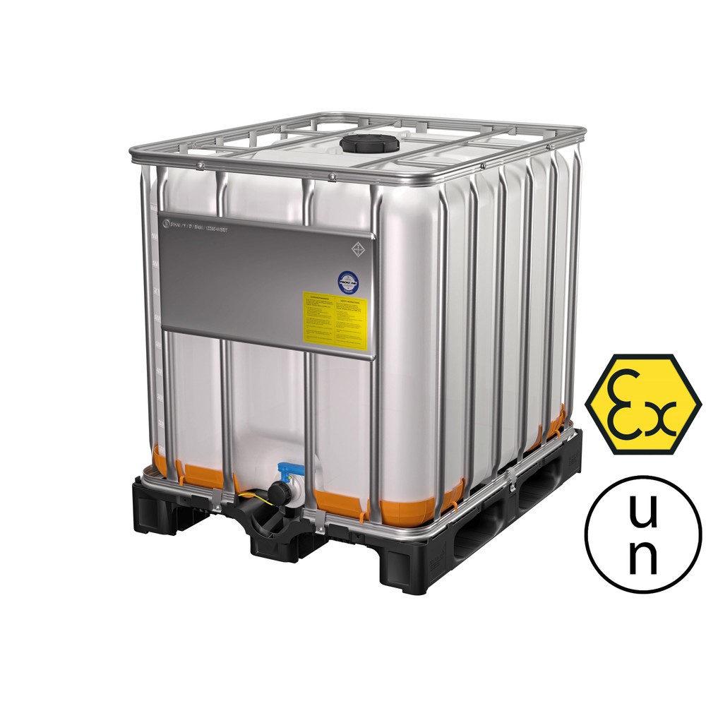 Produktabbildung: IBC-Container, auf Kunststoffpalette, mit verzinktem Stahlrohrrahmen, 1000 Liter, mit EX-Schutz