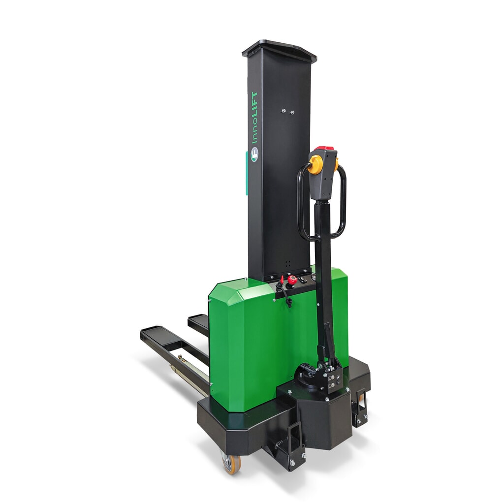 Produktabbildung: InnoLIFT® Elektro-Hochhubwagen zur Mitnahme, vollelektrisch, Tragfähigkeit 1.000 kg, Ladehöhe 900 mm